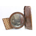 Vintage wooden double sided Chess board, oak framed bevelled glass mirror and a wooden Bagatelle
