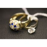 A gem set 14ct yellow gold fancy cluster ring, ring size P1/2 together with a cz set solitaire