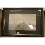 Watercolour of Sailing Boats in Rough Seas close to a Quay signed E Adams