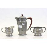 Arts & Crafts Hampden Pewter three piece coffee set with Enamel diamond detailing