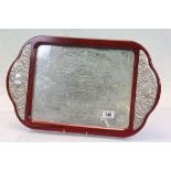 Oriental wooden and white metal tray