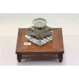 Victorian oversize cut Glass inkwell with hinged lid on Aesthetic style Mahogany stand and bracket