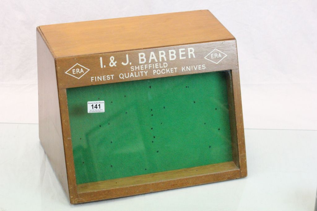 Vintage / Retro Wooden Shop Display Cabinet ' I & J Barber, Quality Pocket Knives ' with hinged back