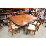 Reproduction Regency Yew Wood Dining Table with one leaf, raised on single pedestal base together