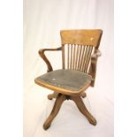 Early 20th century Office Swivel Elbow Chair with Slatted Back and Studded Seat