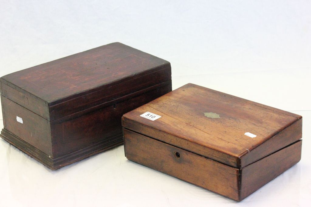 Vintage part fitted wooden writing slope and another wooden box
