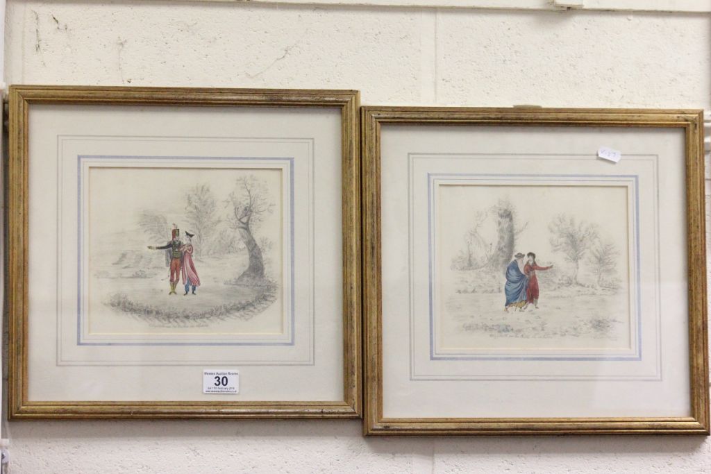 Pair of french framed pencil drawings with hand coloured figures, one dated 1824