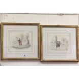 Pair of french framed pencil drawings with hand coloured figures, one dated 1824