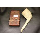 An oriental calling card case made from stained birch bark together with a Victorian clay Great