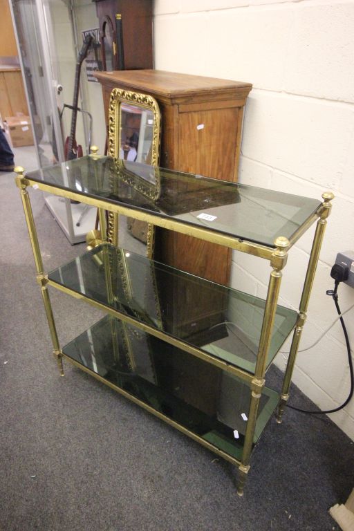 Contemporary Brass Three Tier Shelf Unit with Three Blue Glass Shelves