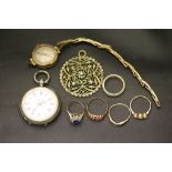 Four 9ct gold gem set and paste set rings (some stones missing) a small Gents pocket watch, a