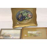Three vintage framed & glazed Watercolours to include a Girl crossing a bridge and a Still Life of