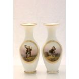 Pair of 19th Century Opaque glass vases with hand painted panels with gilt borders