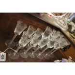 Two sets of six engraved Wine glasses with air twist stems