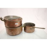 Vintage Copper cooking utensils to include Heated pans and a Saucepan