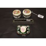 19th Century purse with Enamel decoration and a pair of ceramic pill boxes with hinged lids plus