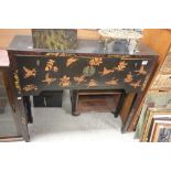 Oriental Style Black Lacquered Console Cabinet decorated with foliage and butterflies