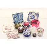 Collection of glass to include Paperweights and four Delft tiles