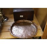 Hand beaten copper tray and vintage oak collection box