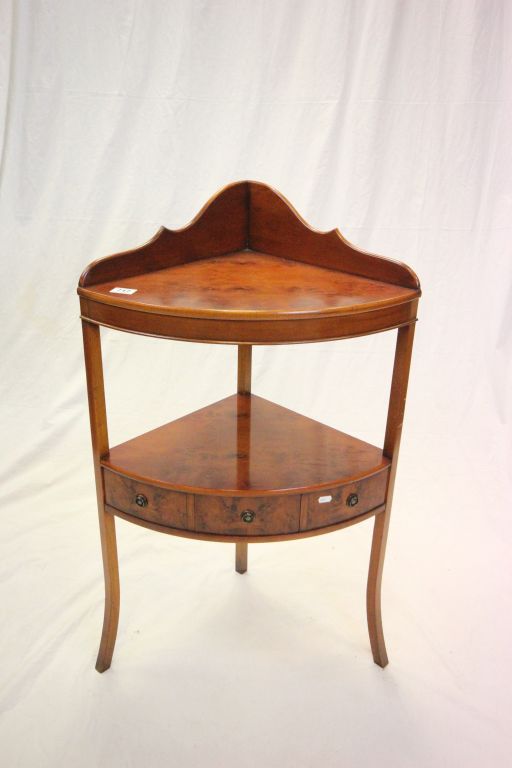 Reproduction Regency Yew Wood Corner Shelf with Three Drawers