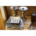 Pair of Contemporary Metal Candle Stands together with Six Metal Dishes