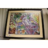 Studio framed oil painting still life of flowers and fruit in a summer interior, signed