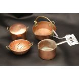 Vintage Four Piece Miniature Copper Cooking Set comprising Saucepan, Colander, Lidded Cooking Pot