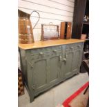 Ercol Oak Dresser Base / Side Cabinet with Stripped Top and Green Painted Base