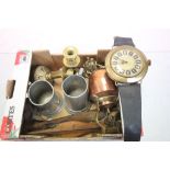 Polaris Oversized Wall Watch together Box of mixed collectables to include brass candlesticks,