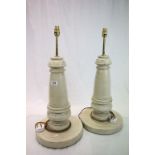 Pair of large painted wooden Column lamps, lacking shades