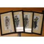 Four framed paintings on glass of french ladies in costume.