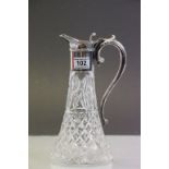 Cut glass Claret jug with Silver plated collar, lid and handle