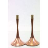 Pair of Retro Teak and Copper Candlesticks