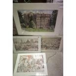 Three glazed Anton Pieck prints plus an unframed David Arbus print of a Country House