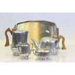 Piquot Ware four piece teaset with a stainless steel tray
