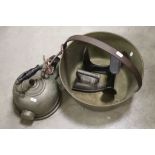 Brass jam pan, plated electric kettle, metal shoe last and a flat iron plus a small leather