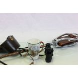 A shooting stick, a mug with Hunting theme by Copeland Spode and a cased pair of Zeiss 8 x 30