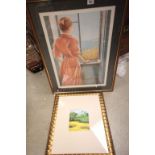 Large glazed limited edition print of a girl at a window and a gilt framed Oil painting of a