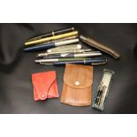 Parker Duofold 14k gold nip, black bakelite case, Parker Slimfold with 14K gold nib, petrol blue