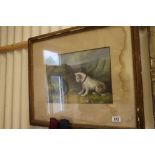 Gilt framed oil painting study of two terrier dogs in a landscape by a rabbit burrow