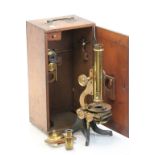19th Century wooden cased Brass Microscope with additional lenses etc
