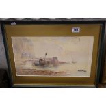 Watercolour of coastal scene with boats signed with initials