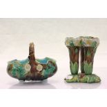 Two items of Majolica to include a basket type dish and a group of three spill or posy vases