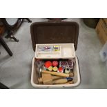 Box of Upholstery tools including Magnetic Hammer, Needles, Mallet, Stretcher, Tacks, etc