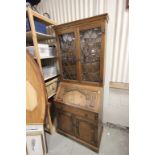 Mid 20th century Oak Bureau Bookcase, the upper section with leaded glazed doors