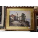 Gilt framed oil painting of a continental coastal village with fisher folk in the foreground
