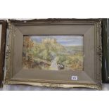 19th Century School watercolour of an extensive country landscape with figures and cattle in