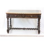 Victorian Oak Heavily Carved Writing / Side Table with black leather inset top, the two drawers with