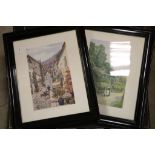 Large leather blotter, two framed and glazed prints of Devon and a selection of ceramic tea ware