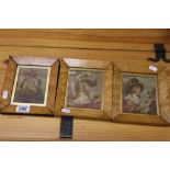 Three antique prints in maple frames.